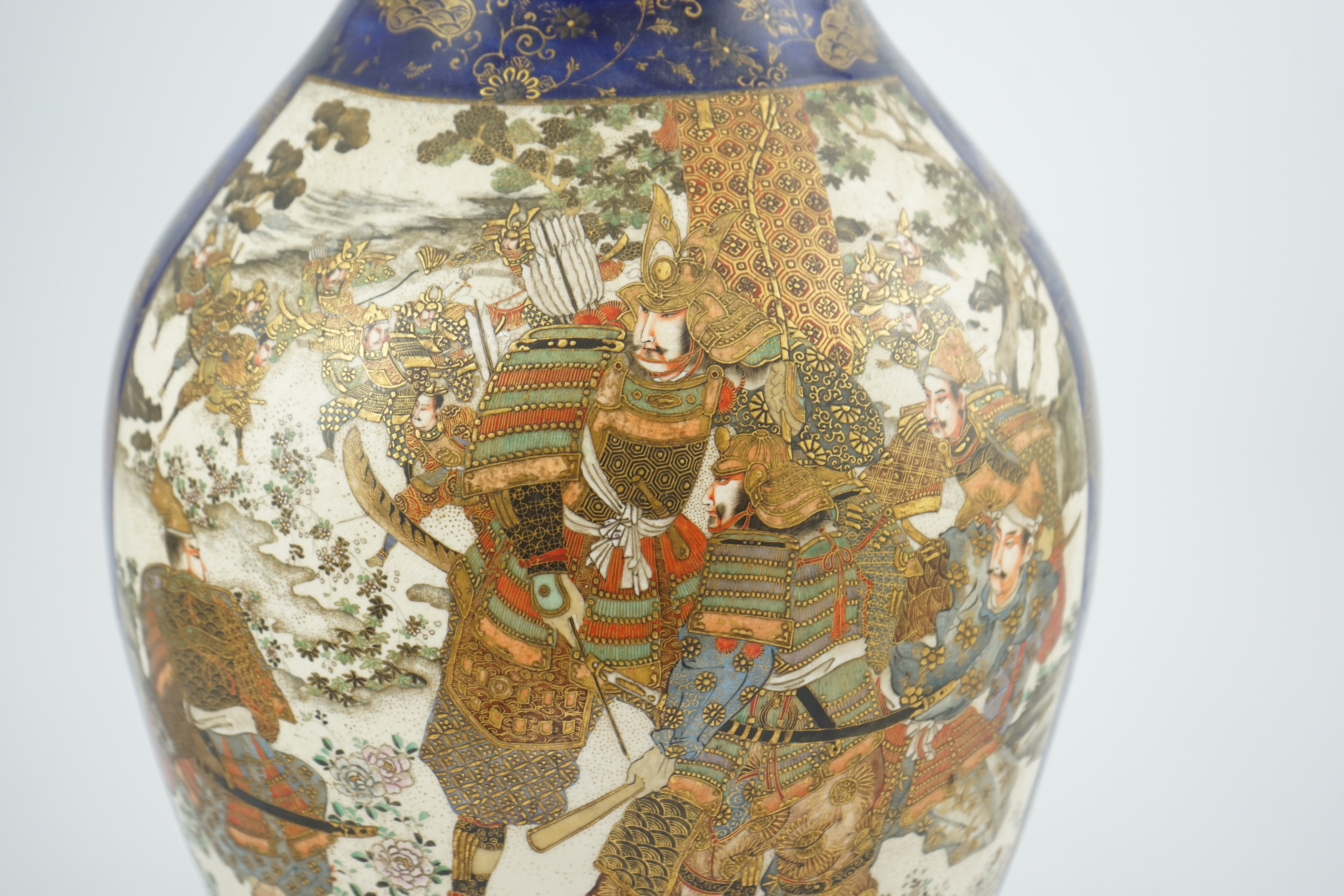 A large Japanese Satsuma blue ground vase, by Kozan, Meiji period